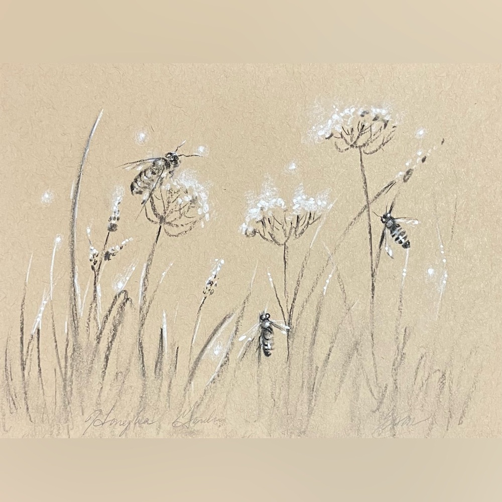 Original Bee garden painting Art Nature Insect illustration floral artwork USA